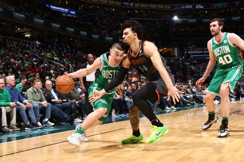 WASHINGTON, DC -? MARCH 17: Payton Pritchard #11 of the Boston Celtics handles the ball during the game against the Washington Wizards on March 17, 2024 at Capital One Arena in Washington, DC. NOTE TO USER: User expressly acknowledges and agrees that, by downloading and or using this Photograph, user is consenting to the terms and conditions of the Getty Images License Agreement. Mandatory Copyright Notice: Copyright 2024 NBAE (Photo by Kenny Giarla/NBAE via Getty Images)