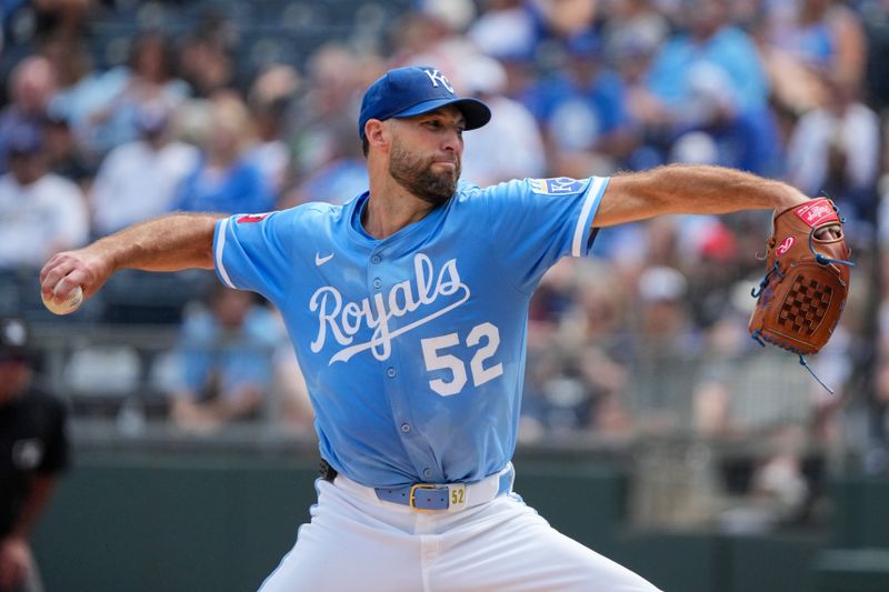 Sep 21, 2025; Kansas City, Missouri, USA; Kansas City Royals starting pitcher Michael Wacha (52) delivers a pitch against the Toronto Blue Jays during the first inning at Kauffman Stadium. Mandatory Credit: Denny Medley-Imagn Images