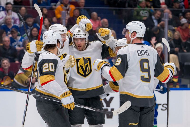 Apr 8, 2024; Vancouver, British Columbia, CAN; Vegas Golden Knights forward Chandler Stephenson (20) and forward Tomas Hertl (48) and defenseman Noah Hanifin (15) and forward Jonathan Marchessault (81) and forward Jack Eichel (9) celebrate Hanifin’s goal against the Vancouver Canucks in the second period  at Rogers Arena. Mandatory Credit: Bob Frid-USA TODAY Sports