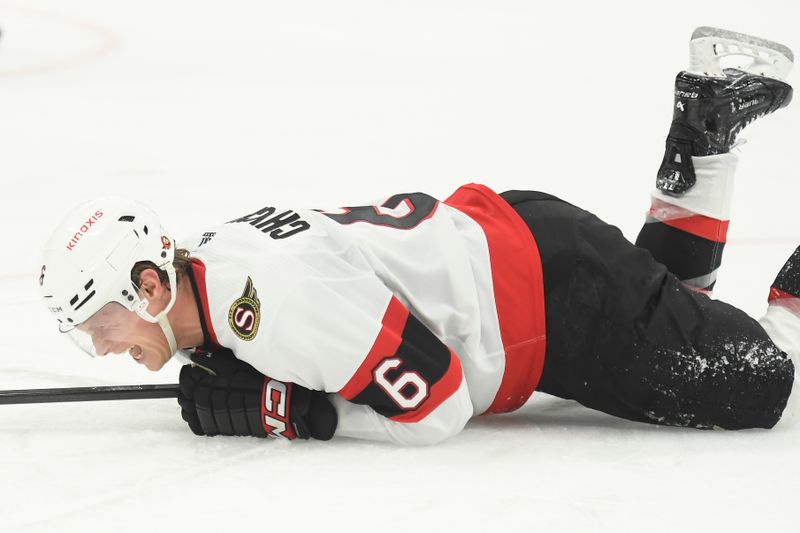 Apr 16, 2024; Boston, Massachusetts, USA;  Ottawa Senators defenseman Jakob Chychrun (6) reacts after blocking a shot during the third period against the Boston Bruins at TD Garden. Mandatory Credit: Bob DeChiara-USA TODAY Sports