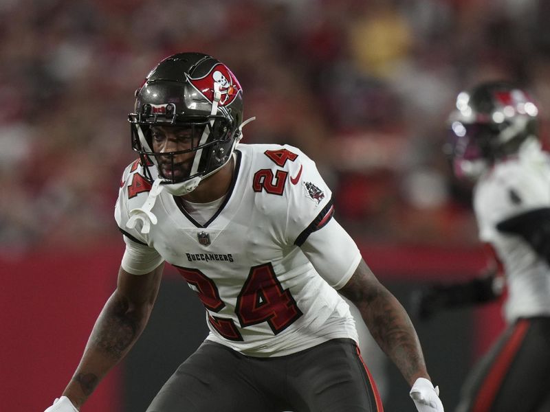 Tampa Bay Buccaneers cornerback Carlton Davis III (24) covers a receiver during an NFL football game against the Kansas City Chiefs, Sunday, October 2, 2022 in Tampa, FL. The Chiefs defeat the Buccaneers 41-31. (Peter Joneleit via AP)