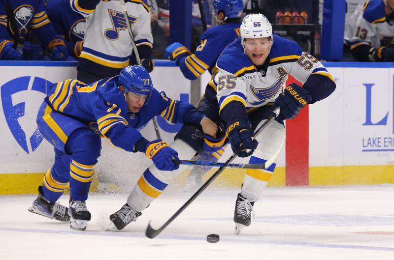 Nov 14, 2024; Buffalo, New York, USA;  St. Louis Blues defenseman Colton Parayko (55) makes a pass as Buffalo Sabres right wing JJ Peterka (77) defends during the third period at KeyBank Center. Mandatory Credit: Timothy T. Ludwig-Imagn Images