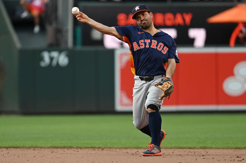 Aug 24, 2024; Baltimore, Maryland, USA;  Houston Astros second baseman Jose Altuve (27) throws to first base during the eighth inning against the Baltimore Orioles at Oriole Park at Camden Yards. Mandatory Credit: Tommy Gilligan-USA TODAY Sports