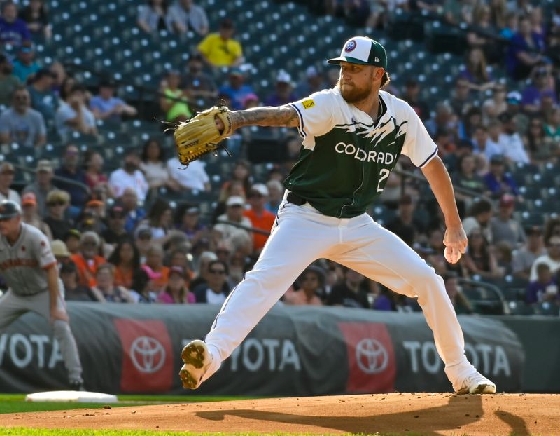 Jul 20, 2024; Denver, Colorado, USA; Colorado Rockies pitcher Kyle Freeland (21) delivers against the San Francisco Giants in the first inning at Coors Field. Mandatory Credit: John Leyba-USA TODAY Sports