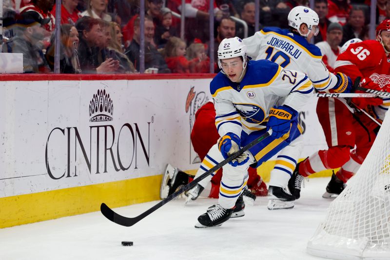 Apr 7, 2024; Detroit, Michigan, USA; Buffalo Sabres right wing Jack Quinn (22) skates with the puck in the second period against the Detroit Red Wings at Little Caesars Arena. Mandatory Credit: Rick Osentoski-USA TODAY Sports