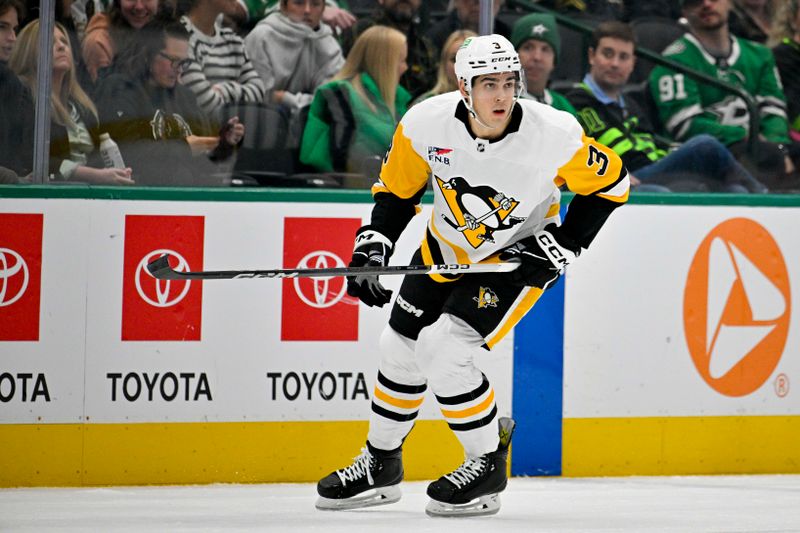 Mar 22, 2024; Dallas, Texas, USA; Pittsburgh Penguins defenseman Jack St. Ivany (3) skates against the Dallas Stars during the first period at the American Airlines Center. Mandatory Credit: Jerome Miron-USA TODAY Sports