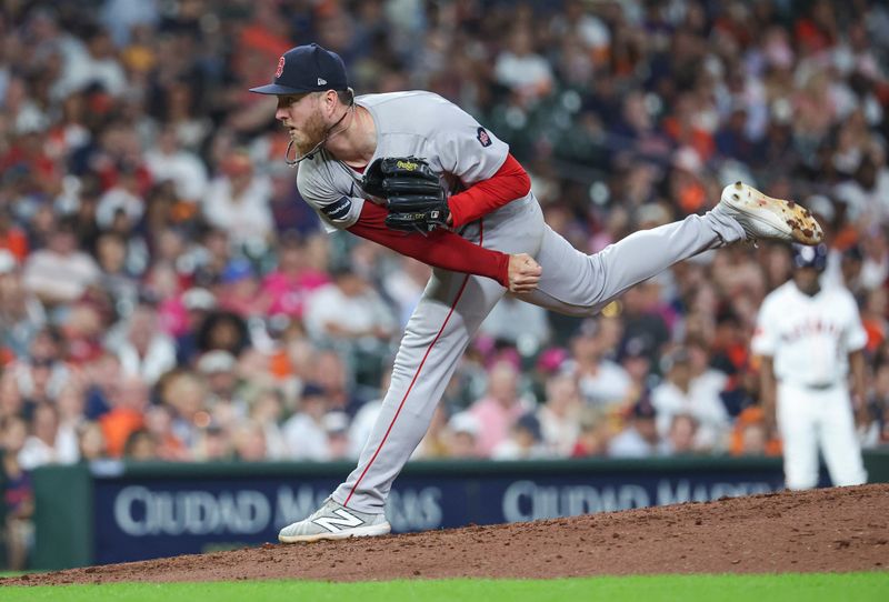 Aug 20, 2024; Houston, Texas, USA; Boston Red Sox relief pitcher Zack Kelly (76) delivers a pitch during the seventh inning against the Houston Astros at Minute Maid Park. Mandatory Credit: Troy Taormina-USA TODAY Sports