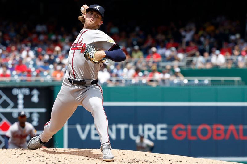 Jun 9, 2024; Washington, District of Columbia, USA; Atlanta Braves starting pitcher Hurston Waldrep (30) pitches during his MLB debut against the Washington Nationals during the first inning at Nationals Park. Mandatory Credit: Geoff Burke-USA TODAY Sports