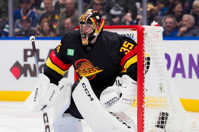 Feb 29, 2024; Vancouver, British Columbia, CAN; Vancouver Canucks goalie Thatcher Demko (35) looks for shot against the Los Angeles Kings in the second period at Rogers Arena. Mandatory Credit: Bob Frid-USA TODAY Sports