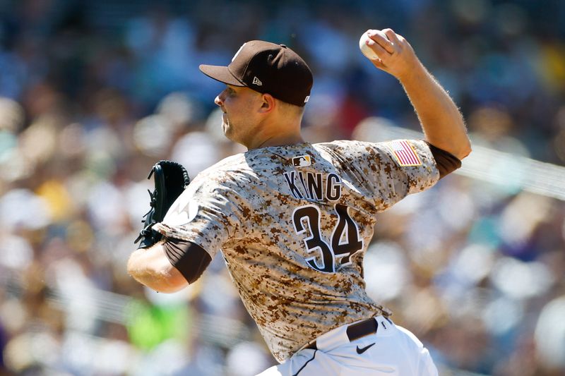Apr 13, 2025; San Diego, California, USA; San Diego Padres starting pitcher Michael King (34) throws a pitch during the sixth inning against the Colorado Rockies at Petco Park. Mandatory Credit: David Frerker-Imagn Images