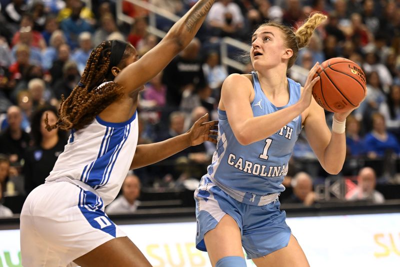 Mar 3, 2023; Greensboro, NC, USA; North Carolina Tar Heels guard Alyssa Ustby (1) looks to shoot during the first half at Greensboro Coliseum. Mandatory Credit: William Howard-USA TODAY Sports