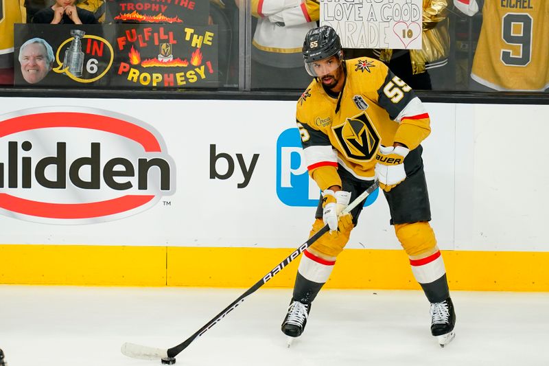 1Jun 13, 2023; Las Vegas, Nevada, USA; Las Vegas Golden Knights forward Keegan Kolesar (55) warms up prior to the start of game five of the 2023 Stanley Cup Final against the Florida Panthers at T-Mobile Arena. Mandatory Credit: Lucas Peltier-USA TODAY Sports