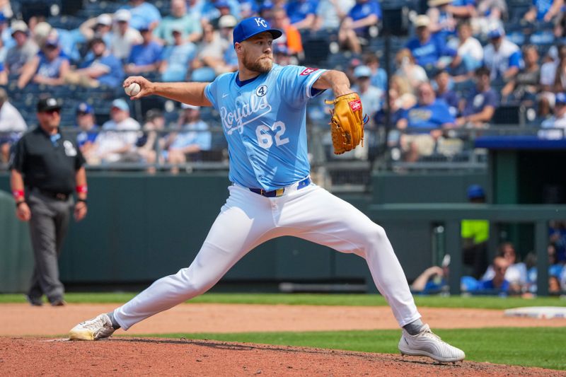 Jun 1, 2025; Kansas City, Missouri, USA; Kansas City Royals relief pitcher Jonathan Bowlan (62) delivers a pitch against the Detroit Tigers in the eighth inning at Kauffman Stadium. Mandatory Credit: Denny Medley-Imagn Images