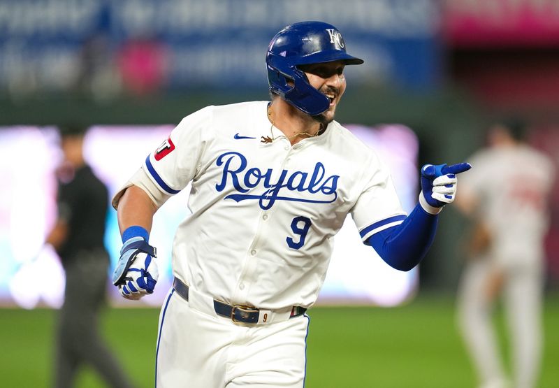 Aug 7, 2024; Kansas City, Missouri, USA; Kansas City Royals designated hitter Vinnie Pasquantino (9) rounds the bases after hitting a home run during the fourth inning against the Boston Red Sox at Kauffman Stadium. Mandatory Credit: Jay Biggerstaff-USA TODAY Sports