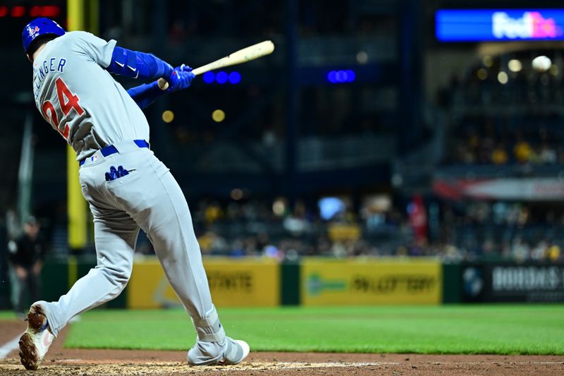 May 10, 2024; Pittsburgh, Pennsylvania, USA; Chicago Cubs designated hitter Cody Ballinger (24) hits an RBI double in the fifth inning against the Pittsburgh Pirates at PNC Park. Mandatory Credit: David Dermer-USA TODAY Sports