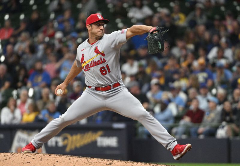 Sep 28, 2023; Milwaukee, Wisconsin, USA; St. Louis Cardinals relief pitcher Jacob Barnes (61) delivers a pitch against the Milwaukee Brewers in the seventh inning at American Family Field. Mandatory Credit: Michael McLoone-USA TODAY Sports