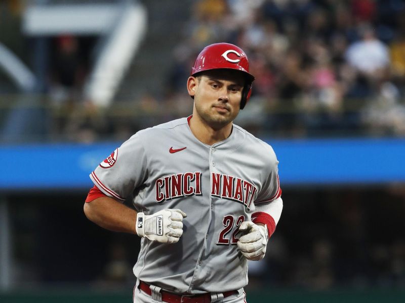 Aug 11, 2023; Pittsburgh, Pennsylvania, USA;  Cincinnati Reds catcher Luke Maile (22) circles the bases after a three-run home run against the Pittsburgh Pirates during the fourth inning at PNC Park. Mandatory Credit: Charles LeClaire-USA TODAY Sports