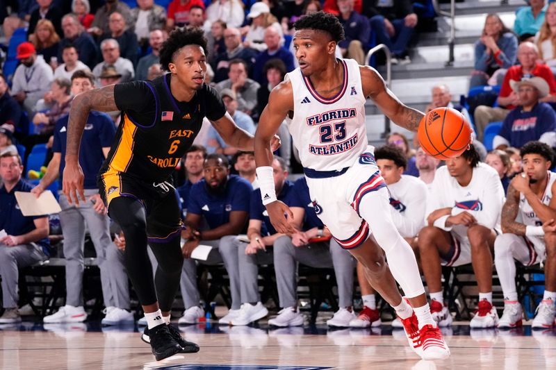 Jan 2, 2024; Boca Raton, Florida, USA; Florida Atlantic Owls guard Brandon Weatherspoon (23) dribbles the ball against East Carolina Pirates forward Brandon Johnson (6) during the second half at Eleanor R. Baldwin Arena. Mandatory Credit: Rich Storry-USA TODAY Sports