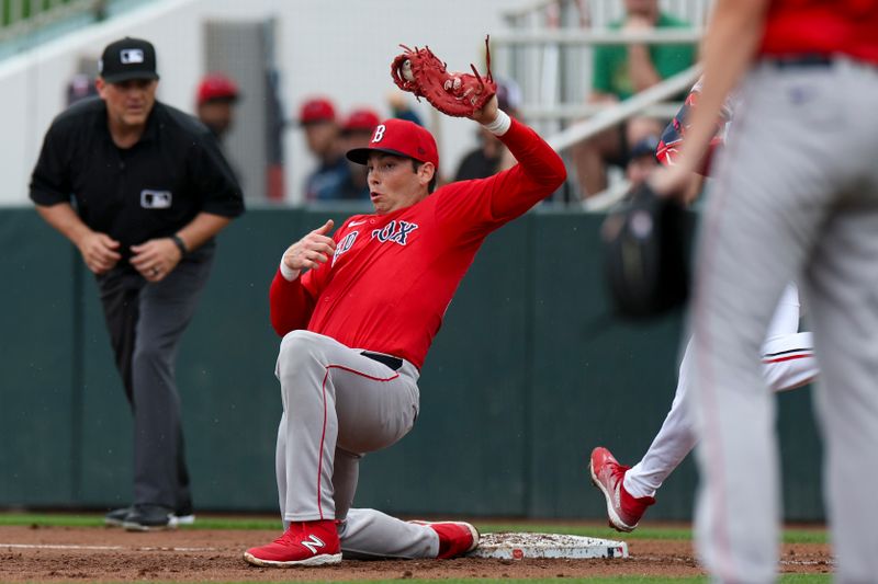 Mar 6, 2024; Fort Myers, Florida, USA;  Boston Red Sox first baseman Triston Casas (36) scoops a throw fro an pout against the Minnesota Twins in the third inning at Hammond Stadium. Mandatory Credit: Nathan Ray Seebeck-USA TODAY Sports