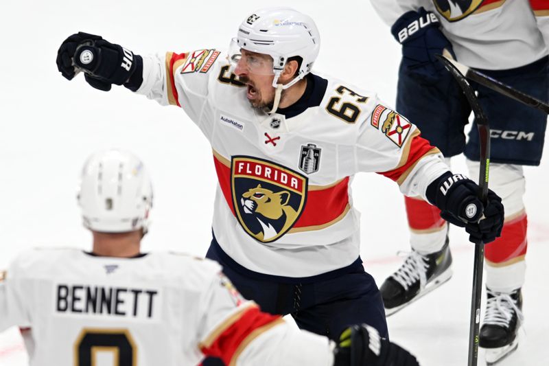 Jun 4, 2025; Edmonton, Alberta, CAN; Florida Panthers center Brad Marchand (63) reacts after scoring a goal against the Edmonton Oilers during the second period in game one of the 2025 Stanley Cup Final at Rogers Place. Mandatory Credit: Walter Tychnowicz-Imagn Images