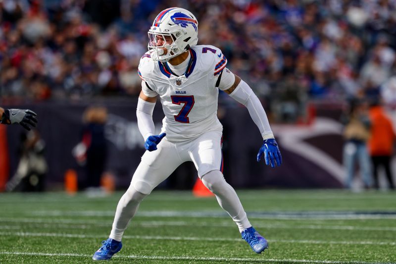 Buffalo Bills cornerback Taron Johnson (7) drops into coverage during the second half of an NFL football game against the New England Patriots on Sunday, Oct. 22, 2023, in Foxborough, Mass. (AP Photo/Greg M. Cooper)