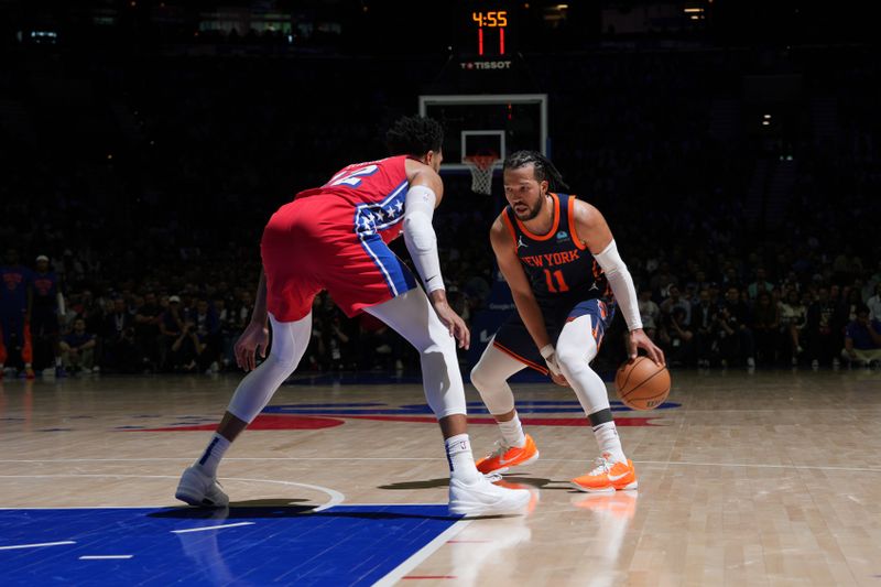 PHILADELPHIA, PA - APRIL 28: Jalen Brunson #11 of the New York Knicks dribbles the ball during the game against the Philadelphia 76ers during Round 1 Game 4 of the 2024 NBA Playoffs on April 28, 2024 at the Wells Fargo Center in Philadelphia, Pennsylvania NOTE TO USER: User expressly acknowledges and agrees that, by downloading and/or using this Photograph, user is consenting to the terms and conditions of the Getty Images License Agreement. Mandatory Copyright Notice: Copyright 2024 NBAE (Photo by Jesse D. Garrabrant/NBAE via Getty Images)