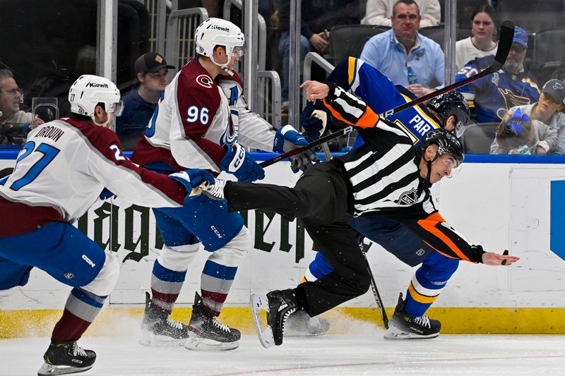 Dec 29, 2023; St. Louis, Missouri, USA;  Colorado Avalanche right wing Mikko Rantanen (96) collides with referee Chris Rooney (5) as St. Louis Blues defenseman Colton Parayko (55) controls the puck during the first period at Enterprise Center. Mandatory Credit: Jeff Curry-USA TODAY Sports