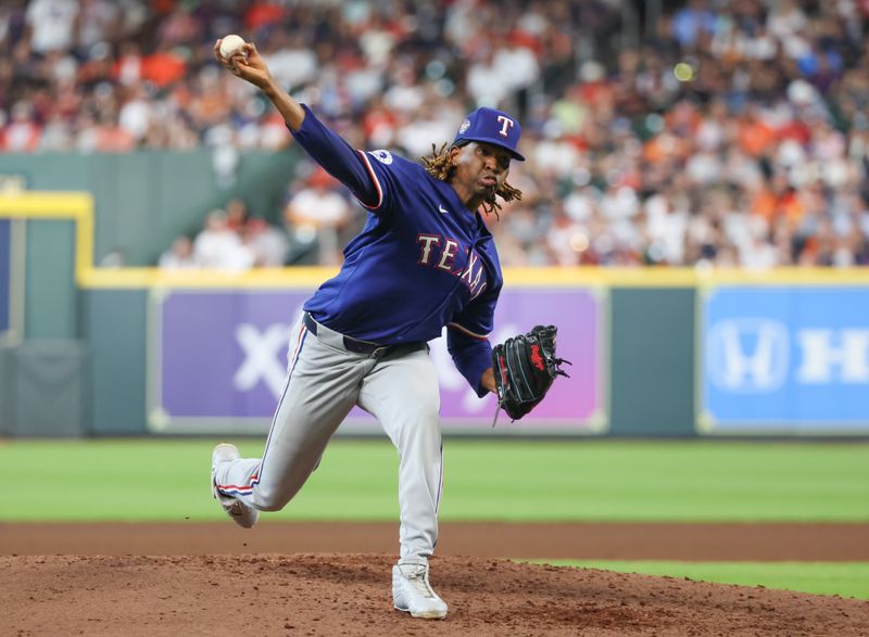 Apr 13, 2024; Houston, Texas, USA;  Texas Rangers pitcher Jose Urena (54) pitches against the Houston Astros in the sixth inning at Minute Maid Park. Mandatory Credit: Thomas Shea-USA TODAY Sports