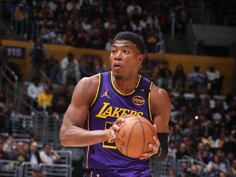 LOS ANGELES, CA - FEBRUARY 25: Rui Hachimura #28 of the Los Angeles Lakers handles the ball during the game against the Dallas Mavericks on February 25, 2025 at Crypto.Com Arena in Los Angeles, California. NOTE TO USER: User expressly acknowledges and agrees that, by downloading and/or using this Photograph, user is consenting to the terms and conditions of the Getty Images License Agreement. Mandatory Copyright Notice: Copyright 2025 NBAE (Photo by Nathaniel S. Butler/NBAE via Getty Images)