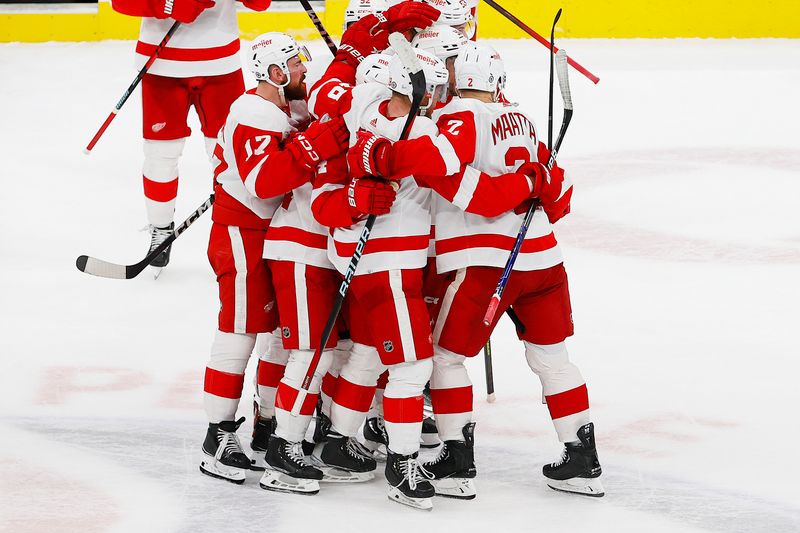 Feb 15, 2023; Edmonton, Alberta, CAN; The Detroit Red Wings celebrate a 5-4 shoot-out win over the Edmonton Oilers at Rogers Place. Mandatory Credit: Perry Nelson-USA TODAY Sports