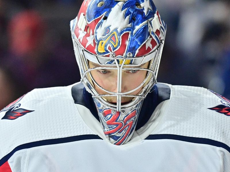 Jan 19, 2023; Tempe, Arizona, USA; Washington Capitals goaltender Darcy Kuemper (35) looks on in the second period against the Arizona Coyotes at Mullett Arena. Mandatory Credit: Matt Kartozian-USA TODAY Sports