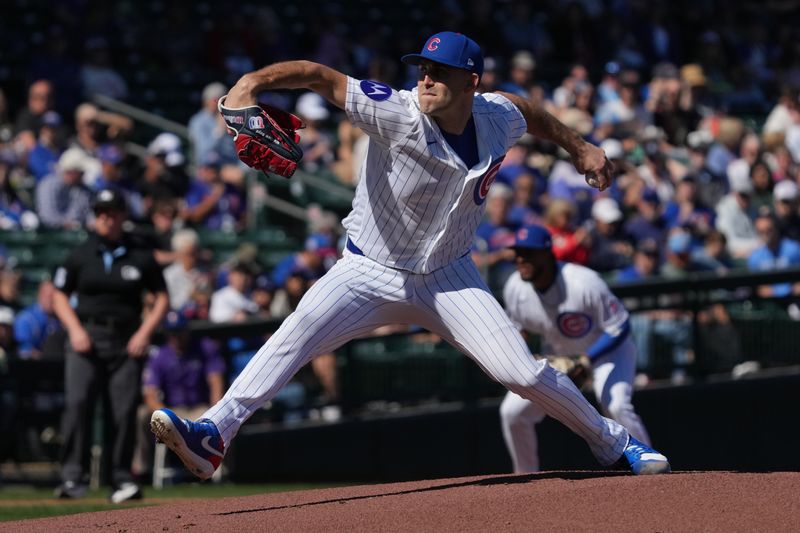 Feb 21, 2026; Mesa, Arizona, USA; Chicago Cubs pitcher Matthew Boyd (16) throws a pitch against the Texas Rangers in the first inning at Sloan Park. Mandatory Credit: Rick Scuteri-Imagn Images