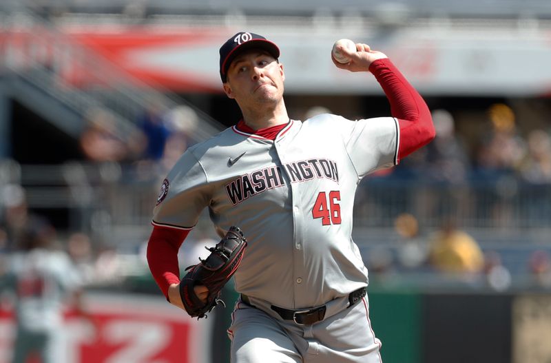 Sep 8, 2024; Pittsburgh, Pennsylvania, USA;  Washington Nationals starting pitcher Patrick Corbin (46) delivers a pitch against the Pittsburgh Pirates during the first inning at PNC Park. Mandatory Credit: Charles LeClaire-Imagn Images