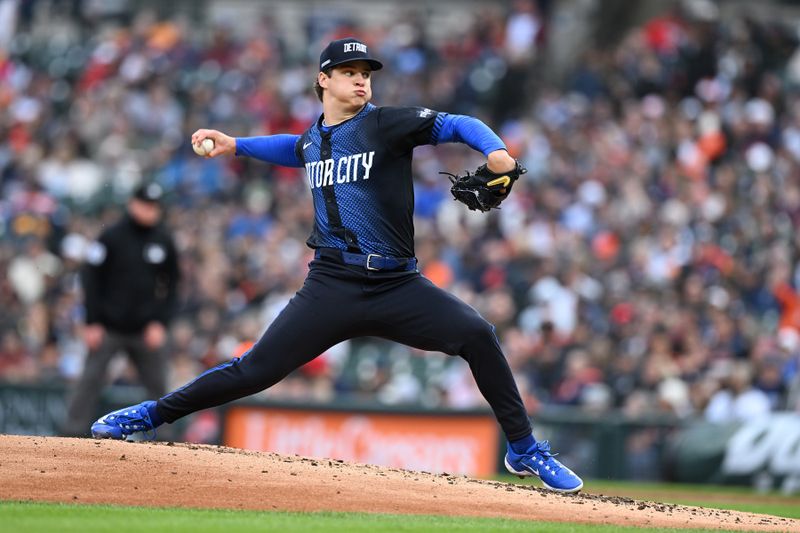 May 23, 2025; Detroit, Michigan, USA; Detroit Tigers starting pitcher Jackson Jobe (21) throws a pitch against the Cleveland Guardians in the second inning at Comerica Park. Mandatory Credit: Lon Horwedel-Imagn Images