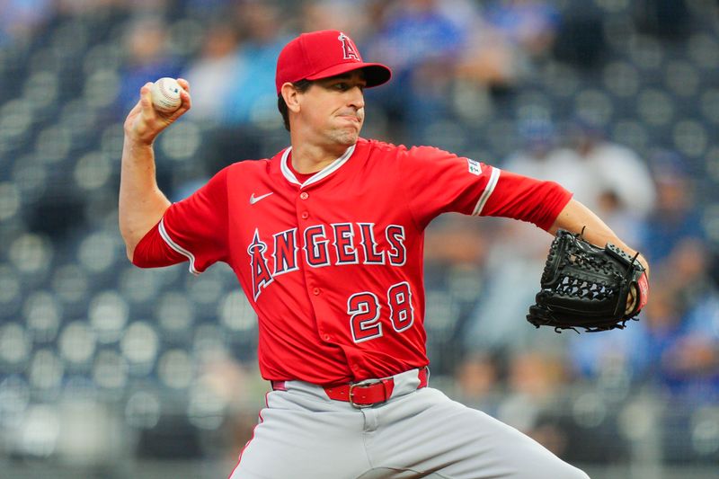 Sep 4, 2025; Kansas City, Missouri, USA; Los Angeles Angels starting pitcher Kyle Hendricks (28) pitches during the first inning against the Kansas City Royals at Kauffman Stadium. Mandatory Credit: Jay Biggerstaff-Imagn Images