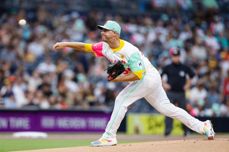 Sep 6, 2024; San Diego, California, USA; San Diego Padres starting pitcher Michael King (34) throws a pitch during the first inning against the San Francisco Giants at Petco Park. Mandatory Credit: David Frerker-Imagn Images