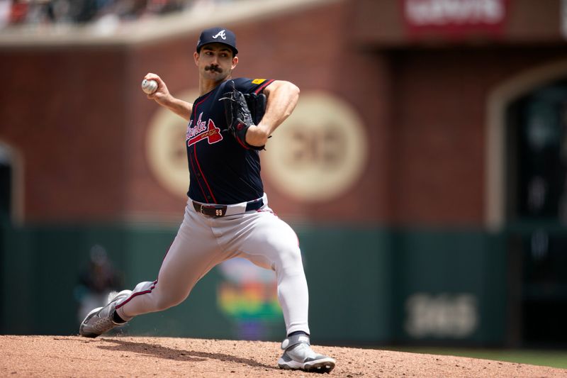 Jun 8, 2025; San Francisco, California, USA; Atlanta Braves starting pitcher Spencer Strider (99) delivers a pitch against the San Francisco Giants during the fourth inning at Oracle Park. Mandatory Credit: D. Ross Cameron-Imagn Images