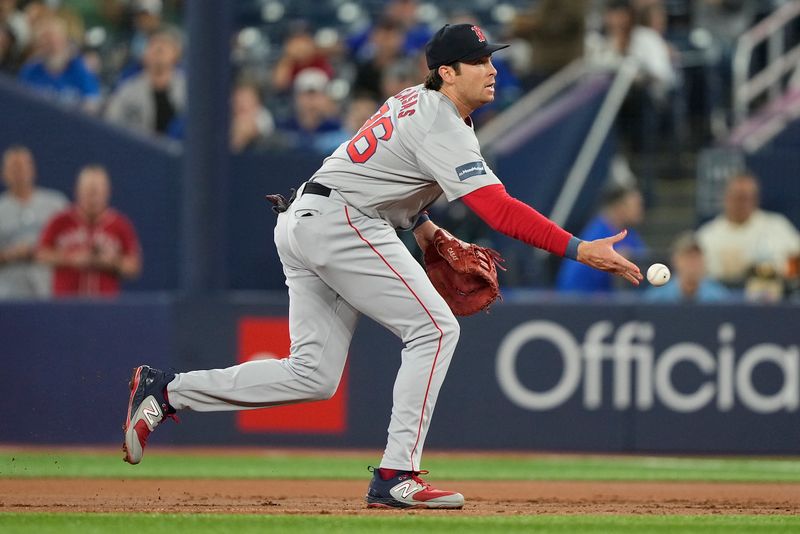 Sep 23, 2024; Toronto, Ontario, CAN; Boston Red Sox first baseman Triston Casas (36) tosses to first base for an out during the first inning against the Toronto Blue Jays at Rogers Centre. Mandatory Credit: John E. Sokolowski-Imagn Images