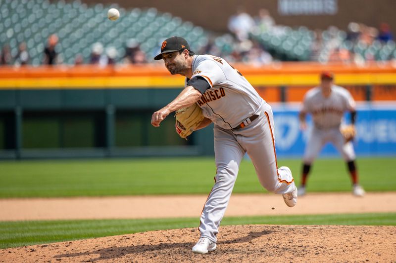 Jul 24, 2023; Detroit, Michigan, USA; San Francisco Giants relief pitcher Scott Alexander (54) pitches in the eighth inning against the Detroit Tigers at Comerica Park. Mandatory Credit: David Reginek-USA TODAY Sports