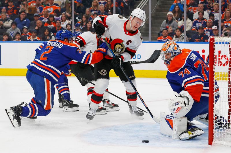 Jan 6, 2024; Edmonton, Alberta, CAN; Edmonton Oilers goaltender Stuart Skinner (74) makes a save against Ottawa Senators forward Brady Tkachuk (7) during the second period at Rogers Place. Mandatory Credit: Perry Nelson-USA TODAY Sports