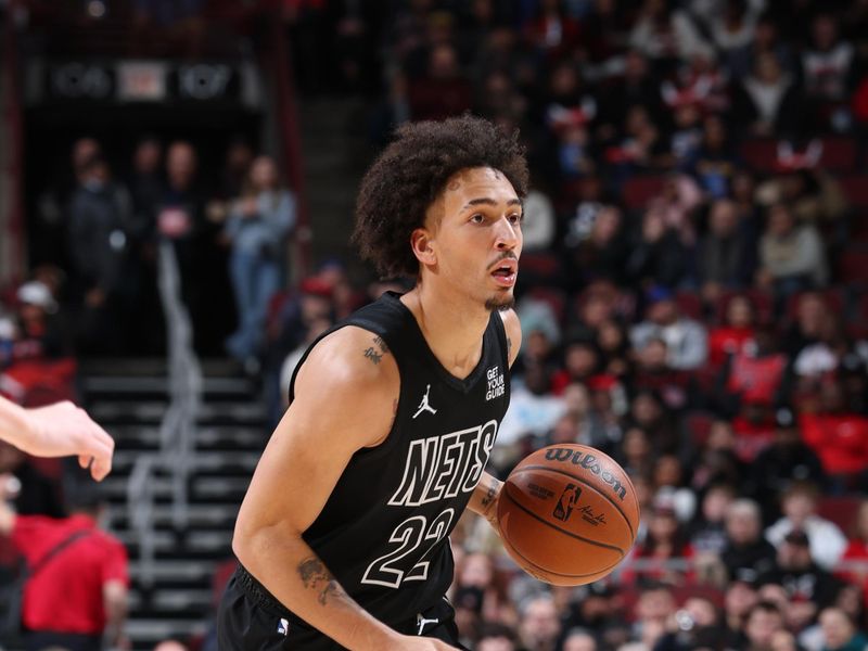 CHICAGO, IL - DECEMBER 2: Jalen Wilson #22 of the Brooklyn Nets dribbles the ball during the game against the Chicago Bulls on December 2, 2024 at United Center in Chicago, Illinois. NOTE TO USER: User expressly acknowledges and agrees that, by downloading and or using this photograph, User is consenting to the terms and conditions of the Getty Images License Agreement. Mandatory Copyright Notice: Copyright 2024 NBAE (Photo by Jeff Haynes/NBAE via Getty Images)