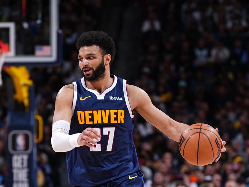 DENVER, CO - APRIL 10: Jamal Murray #27 of the Denver Nuggets dribbles the ball during the game against the Minnesota Timberwolves on April 10, 2024 at the Ball Arena in Denver, Colorado. NOTE TO USER: User expressly acknowledges and agrees that, by downloading and/or using this Photograph, user is consenting to the terms and conditions of the Getty Images License Agreement. Mandatory Copyright Notice: Copyright 2024 NBAE (Photo by Garrett Ellwood/NBAE via Getty Images)