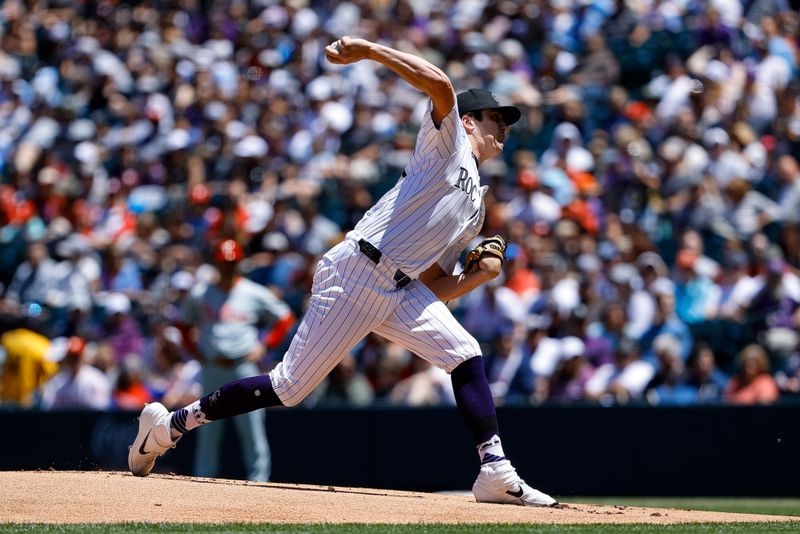 May 26, 2024; Denver, Colorado, USA; Colorado Rockies starting pitcher Cal Quantrill (47) pitches in the first inning against the Philadelphia Phillies at Coors Field. Mandatory Credit: Isaiah J. Downing-USA TODAY Sports