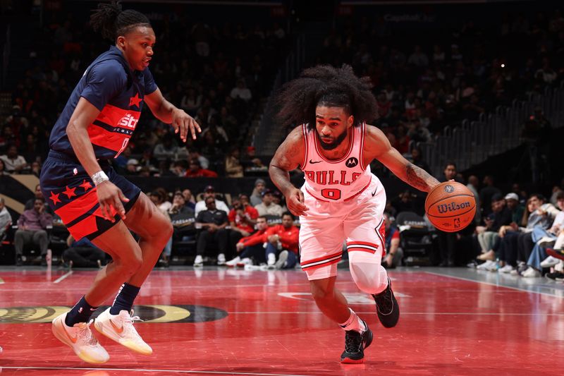 WASHINGTON, DC -? NOVEMBER 26: Coby White #0 of the Chicago Bulls dribbles the ball during the game against the Washington Wizards during the Emirates NBA Cup game on November 26, 2024 at Capital One Arena in Washington, DC. NOTE TO USER: User expressly acknowledges and agrees that, by downloading and or using this Photograph, user is consenting to the terms and conditions of the Getty Images License Agreement. Mandatory Copyright Notice: Copyright 2024 NBAE (Photo by Stephen Gosling/NBAE via Getty Images)