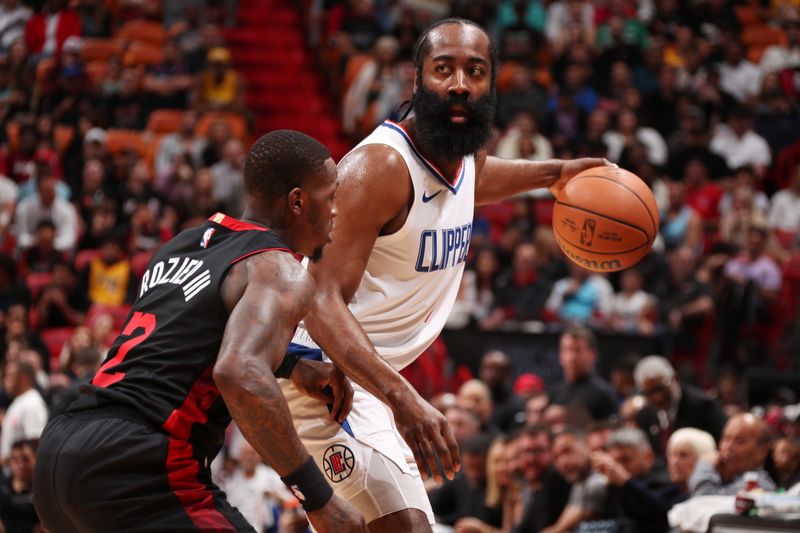 MIAMI, FL - FEBRUARY 4: James Harden #1 of the LA Clippers dribbles the ball during the game against the Miami Heat on February 4, 2024 at Kaseya Center in Miami, Florida. NOTE TO USER: User expressly acknowledges and agrees that, by downloading and or using this Photograph, user is consenting to the terms and conditions of the Getty Images License Agreement. Mandatory Copyright Notice: Copyright 2024 NBAE (Photo by Issac Baldizon/NBAE via Getty Images)