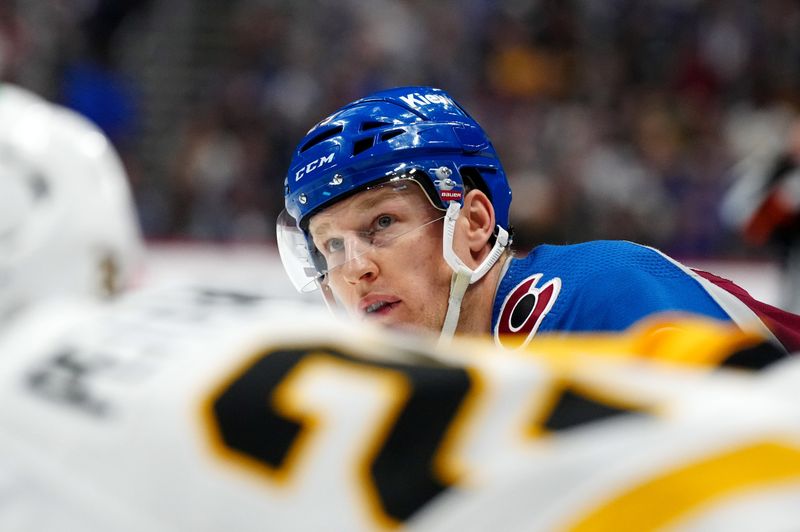 Mar 24, 2024; Denver, Colorado, USA; Colorado Avalanche center Nathan MacKinnon (29) following his goal called off in the second period against the Pittsburgh Penguins at Ball Arena. Mandatory Credit: Ron Chenoy-USA TODAY Sports