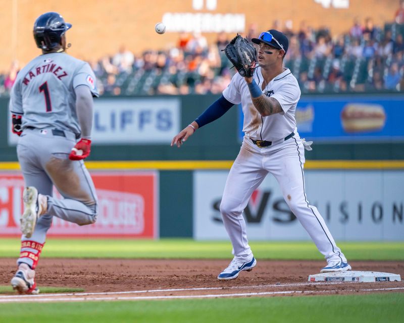 Jul 29, 2024; Detroit, Michigan, USA; Detroit Tigers outfielder Bligh Madris (40) catches the ball for an out on Cleveland Guardians center fielder Angel Martínez (1) in the second inning at Comerica Park. Mandatory Credit: David Reginek-USA TODAY Sports