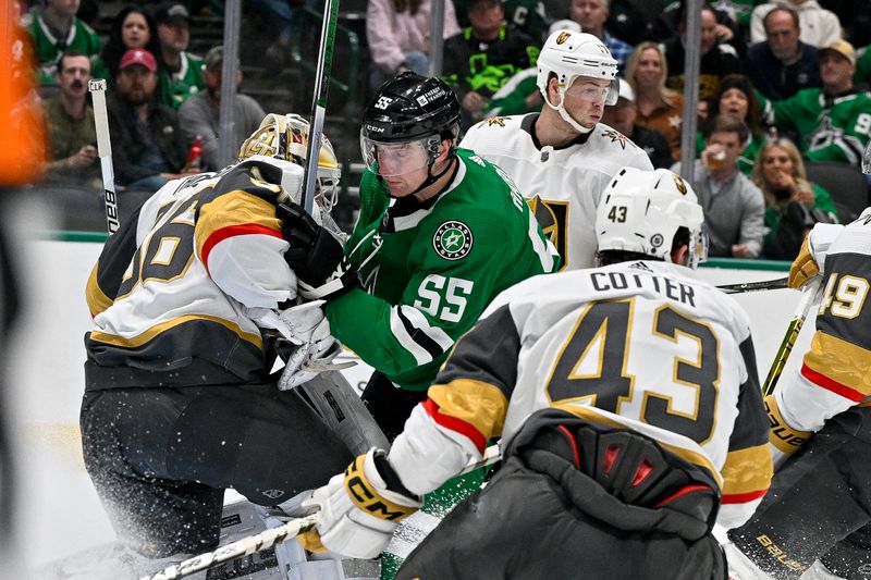 Dec 9, 2023; Dallas, Texas, USA; Dallas Stars defenseman Thomas Harley (55) crashes into Vegas Golden Knights goaltender Logan Thompson (36) during the second period at the American Airlines Center. Mandatory Credit: Jerome Miron-USA TODAY Sports