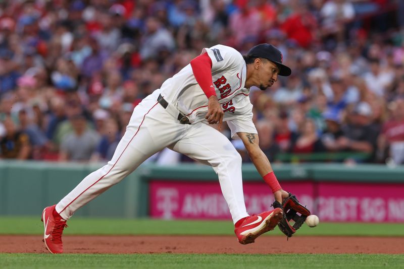 Jun 24, 2024; Boston, Massachusetts, USA; Boston Red Sox shortstop David Hamilton (70) fields a ground ball during the second inning against the Toronto Blue Jays at Fenway Park. Mandatory Credit: Paul Rutherford-USA TODAY Sports