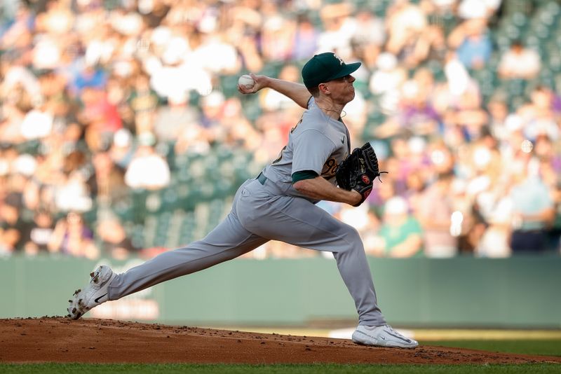 Jul 28, 2023; Denver, Colorado, USA; Oakland Athletics starting pitcher JP Sears (38) pitches in the first inning against the Colorado Rockies at Coors Field. Mandatory Credit: Isaiah J. Downing-USA TODAY Sports